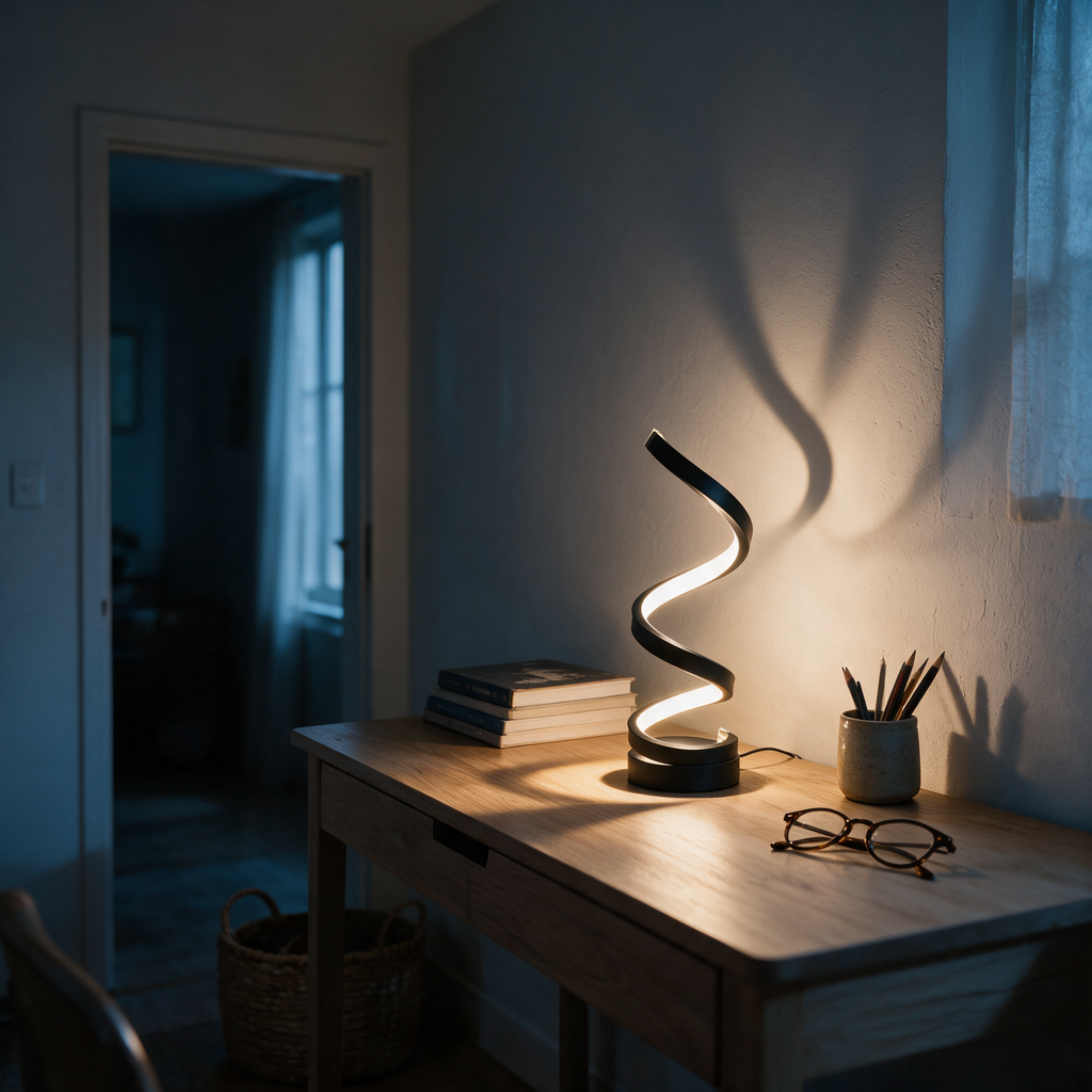 Vane spiral lamp lit on an oak desk at dusk