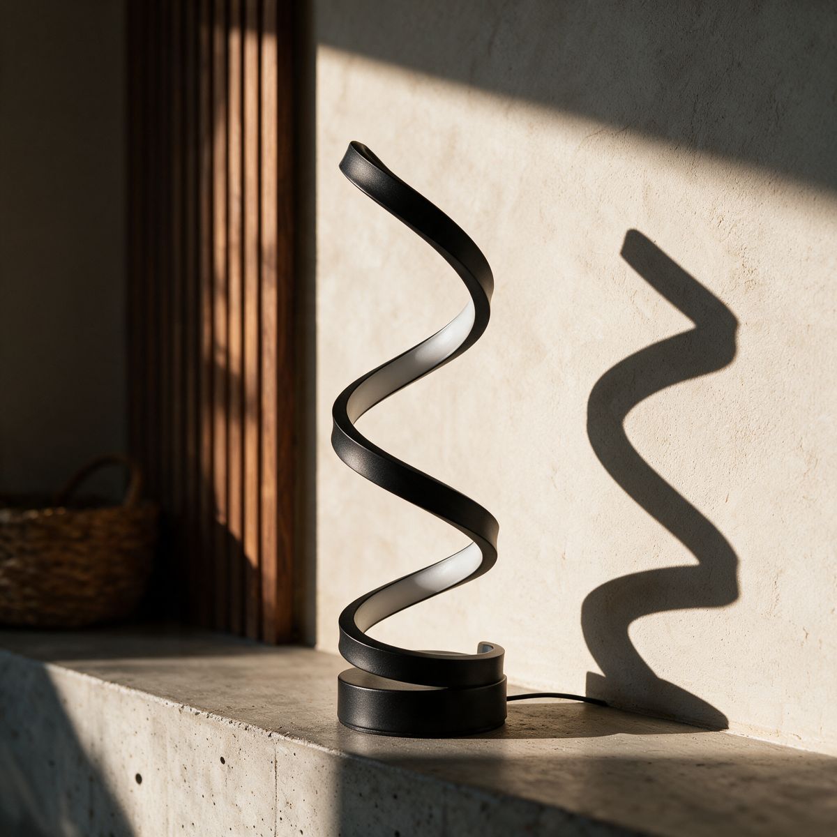 The unlit black helix in raking light against a plaster wall