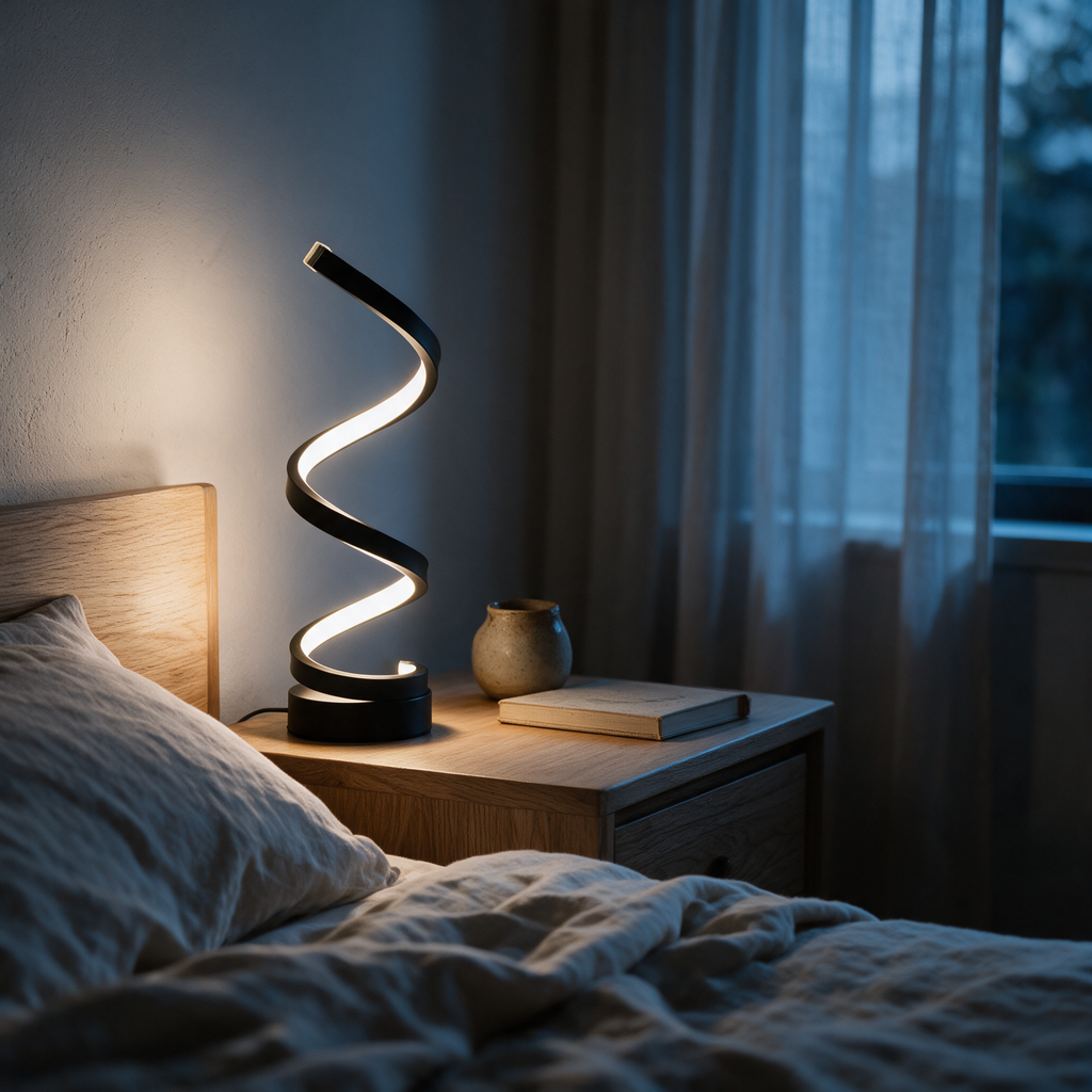 The lamp on a bedside table in the evening