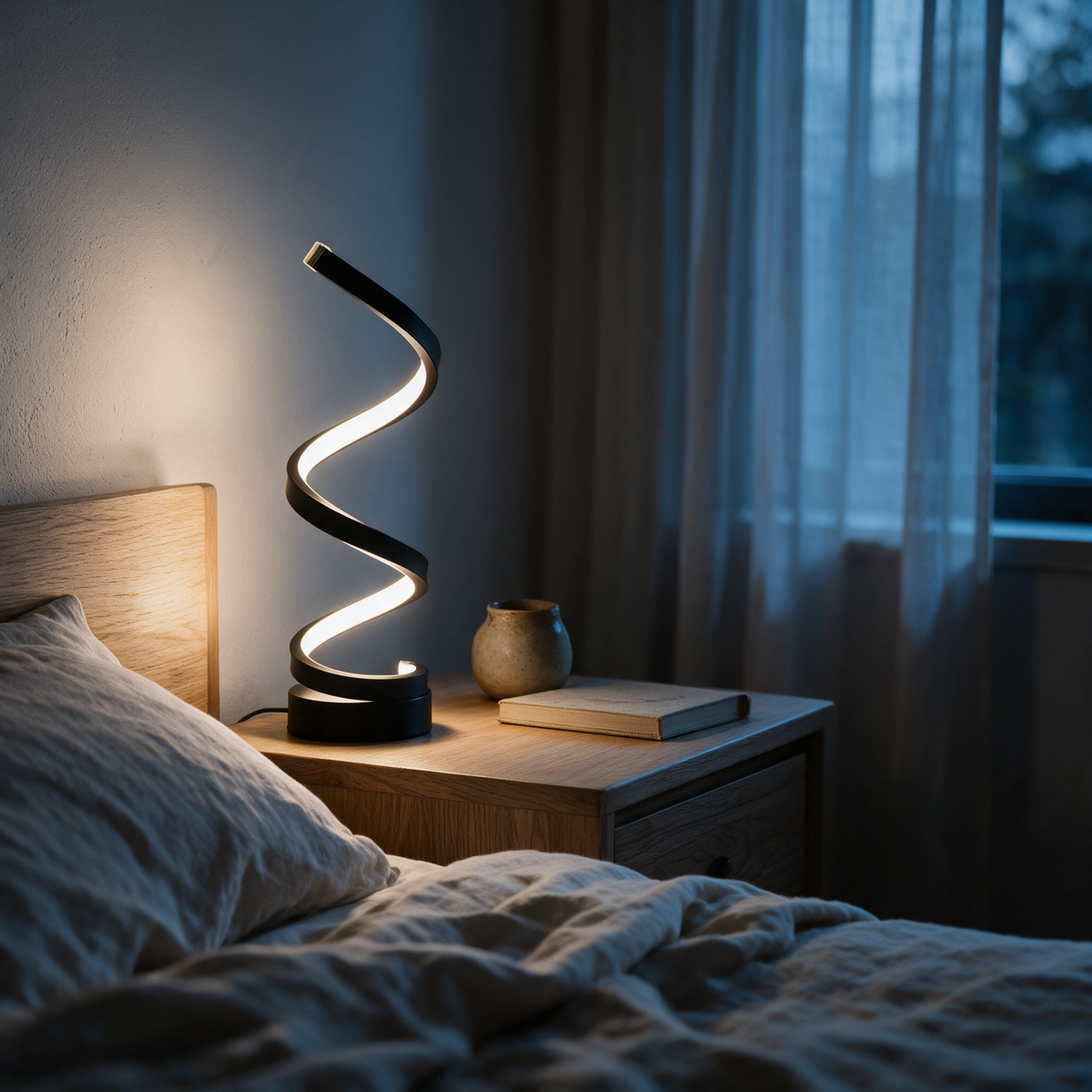 The lamp on a bedside table in the evening