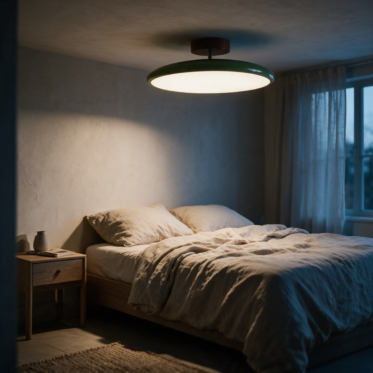 The fitting lit above a linen bed at dusk