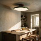 Fern enamel ceiling light lit above a kitchen island