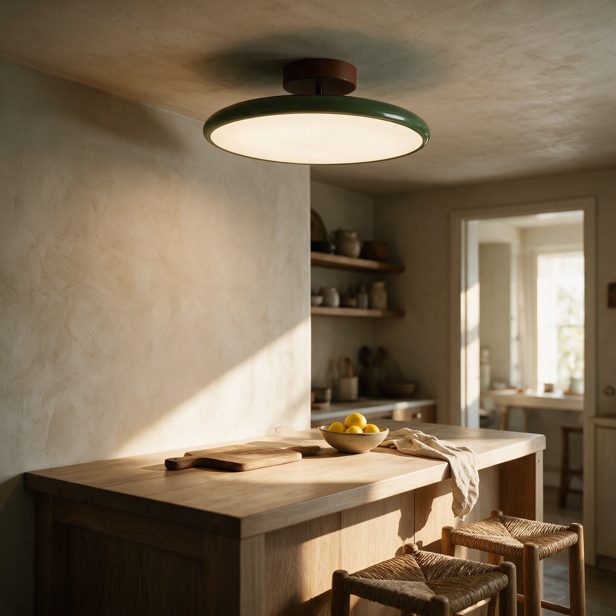 Fern enamel ceiling light lit above a kitchen island