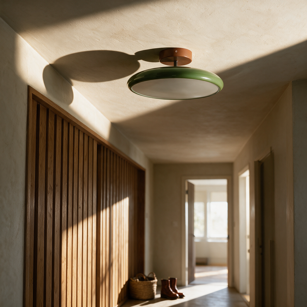 The unlit fitting on a plaster ceiling showing its semi-flush drop