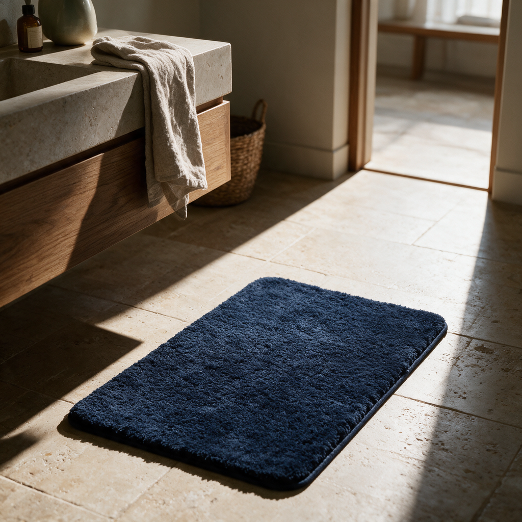 Meadow bath mat laid flat beside a stone vanity