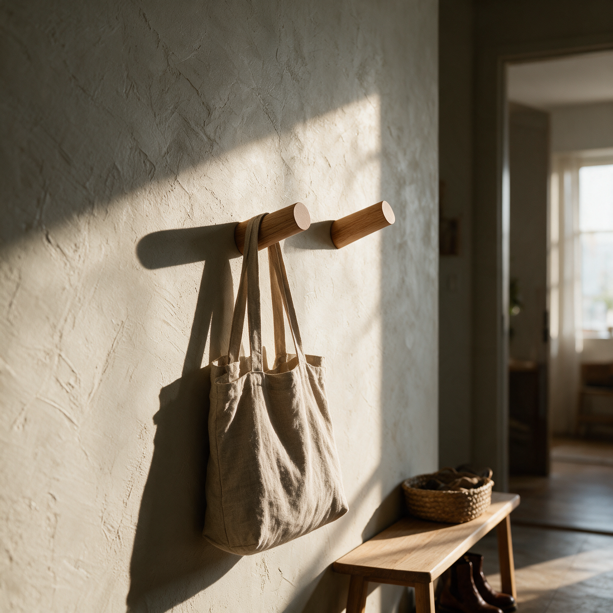 Two Pike pegs mounted in an entryway wall with a linen bag hanging