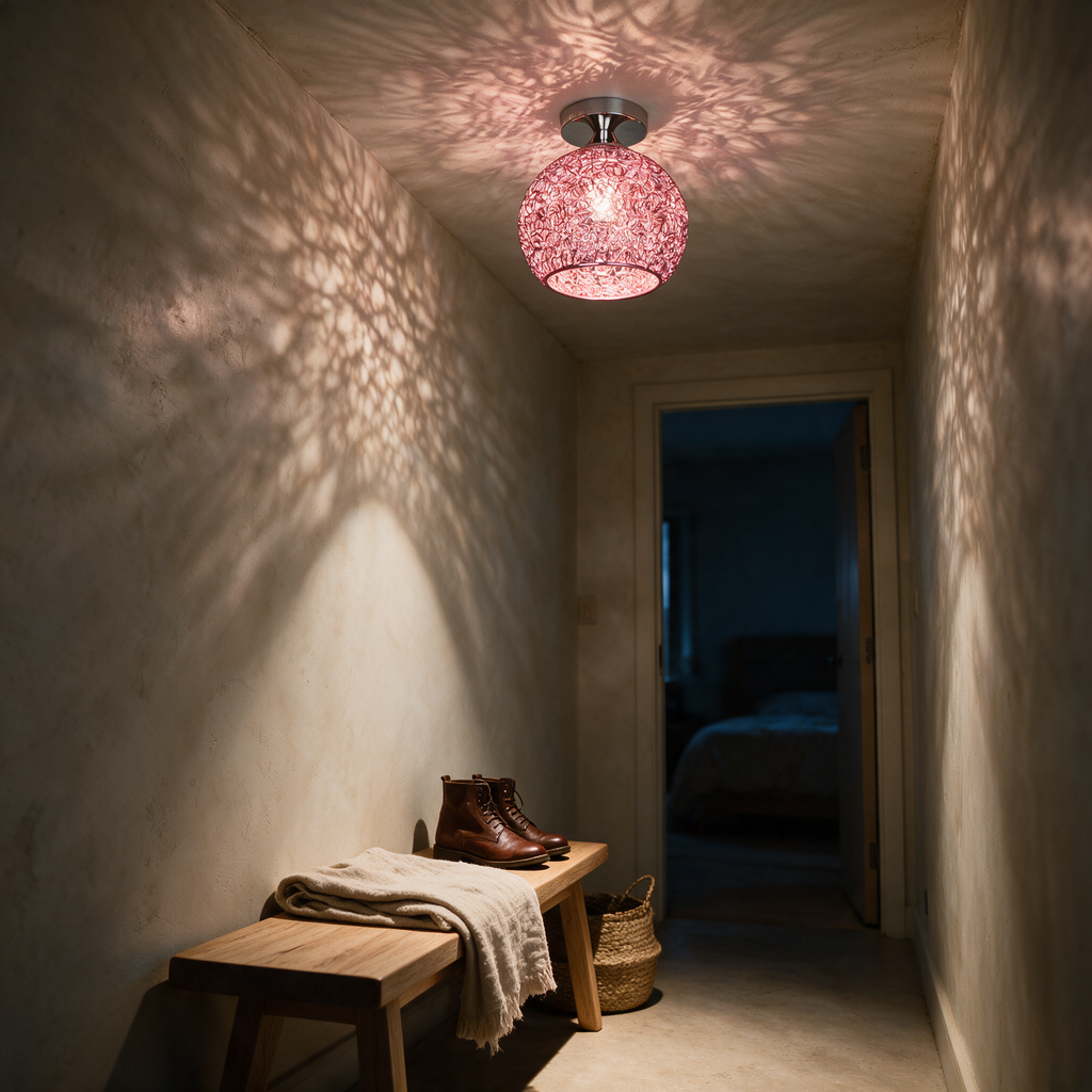 Rook wire nest semi-flush ceiling light lit in a plaster hallway