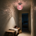 Rook wire nest semi-flush ceiling light lit in a plaster hallway