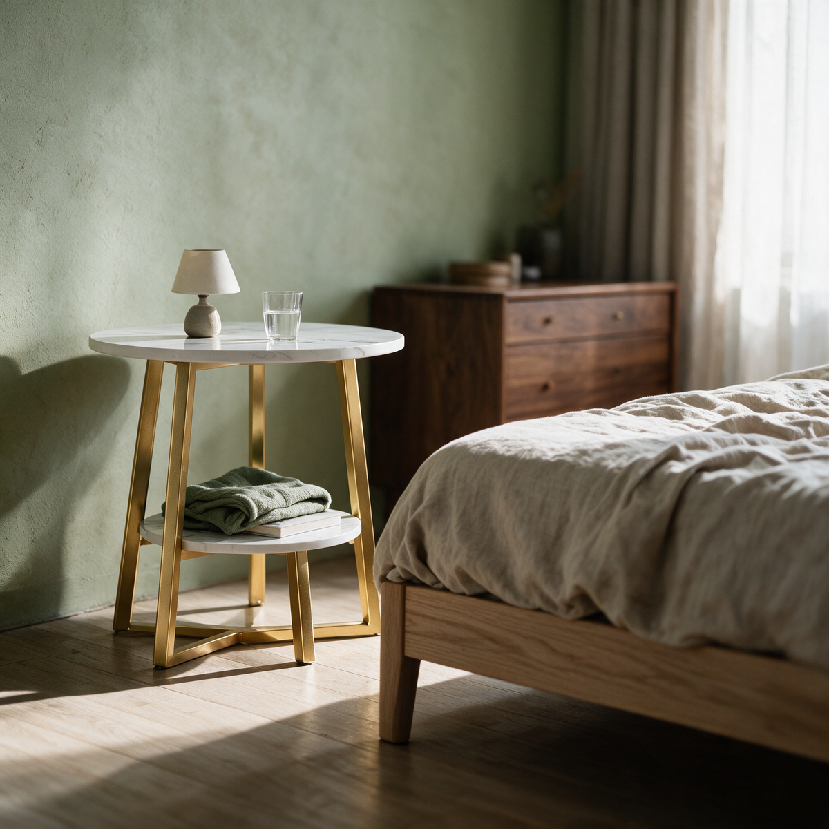 Low view of the two-tier side table beside a bed with a lamp and books on its shelf