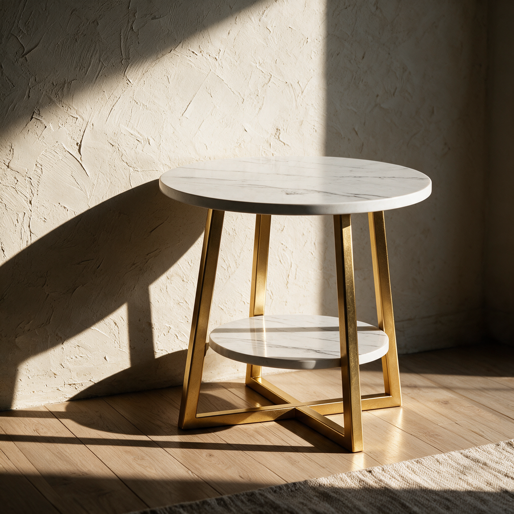 The empty marble side table against a plaster wall casting a long afternoon shadow