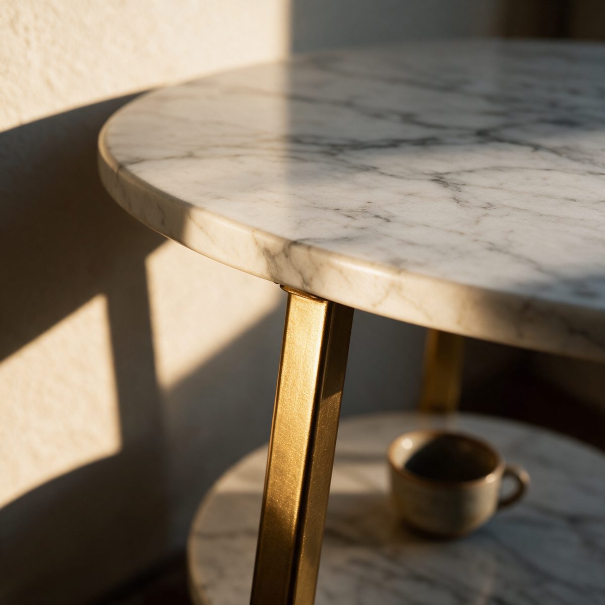 Close-up of the marble top edge where a slim gold leg meets it