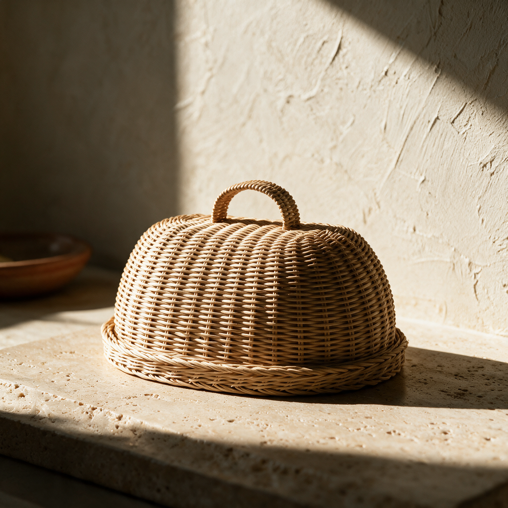 The rattan bread cloche alone on a travertine slab against a lime plaster wall.