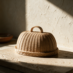 The rattan bread cloche alone on a travertine slab against a lime plaster wall.