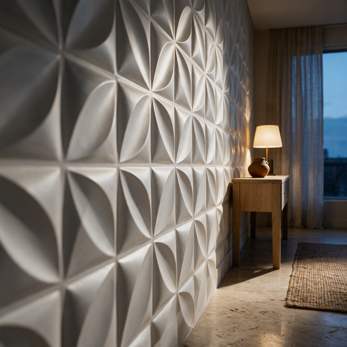 Low oblique view along a hallway wall clad in the white petal relief panels at dusk with a lit console beyond.