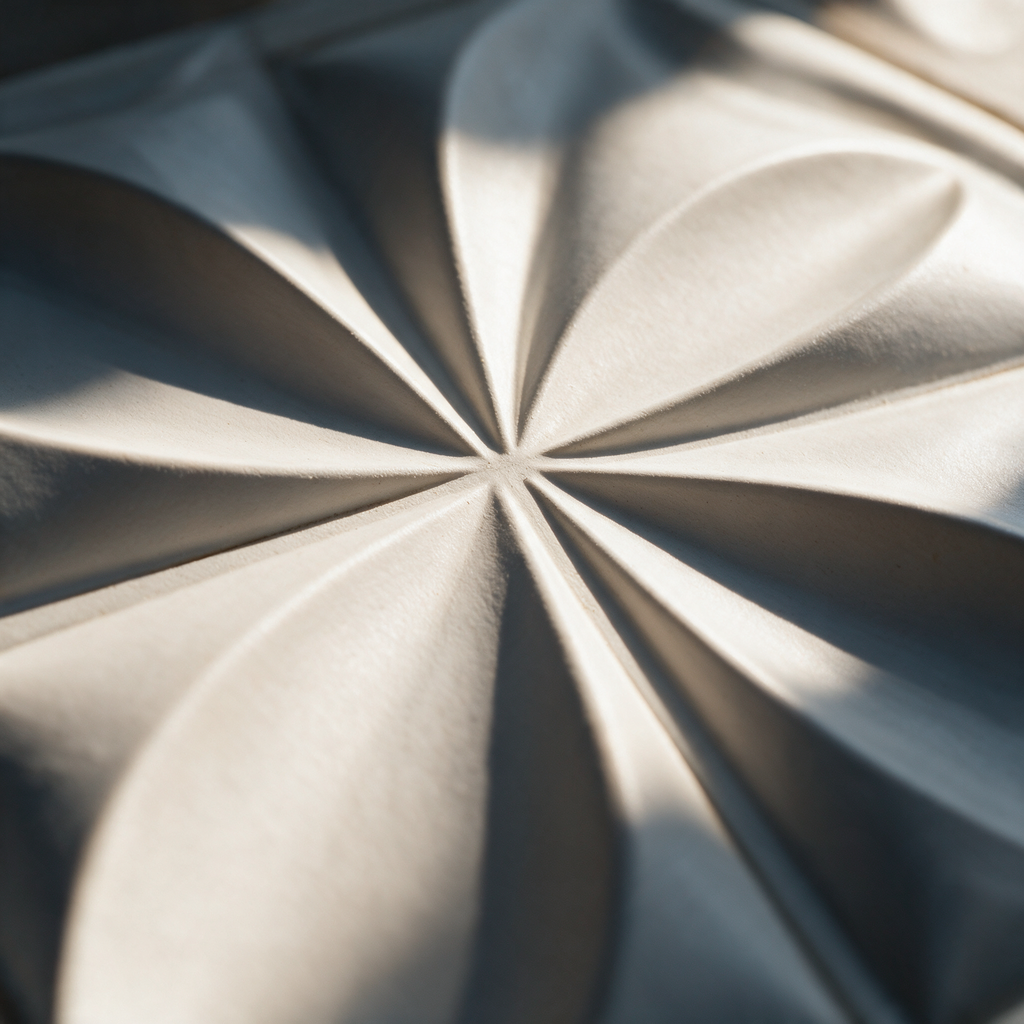 Macro close-up of the centre of the panel where the white petal ridges converge in raking side light.