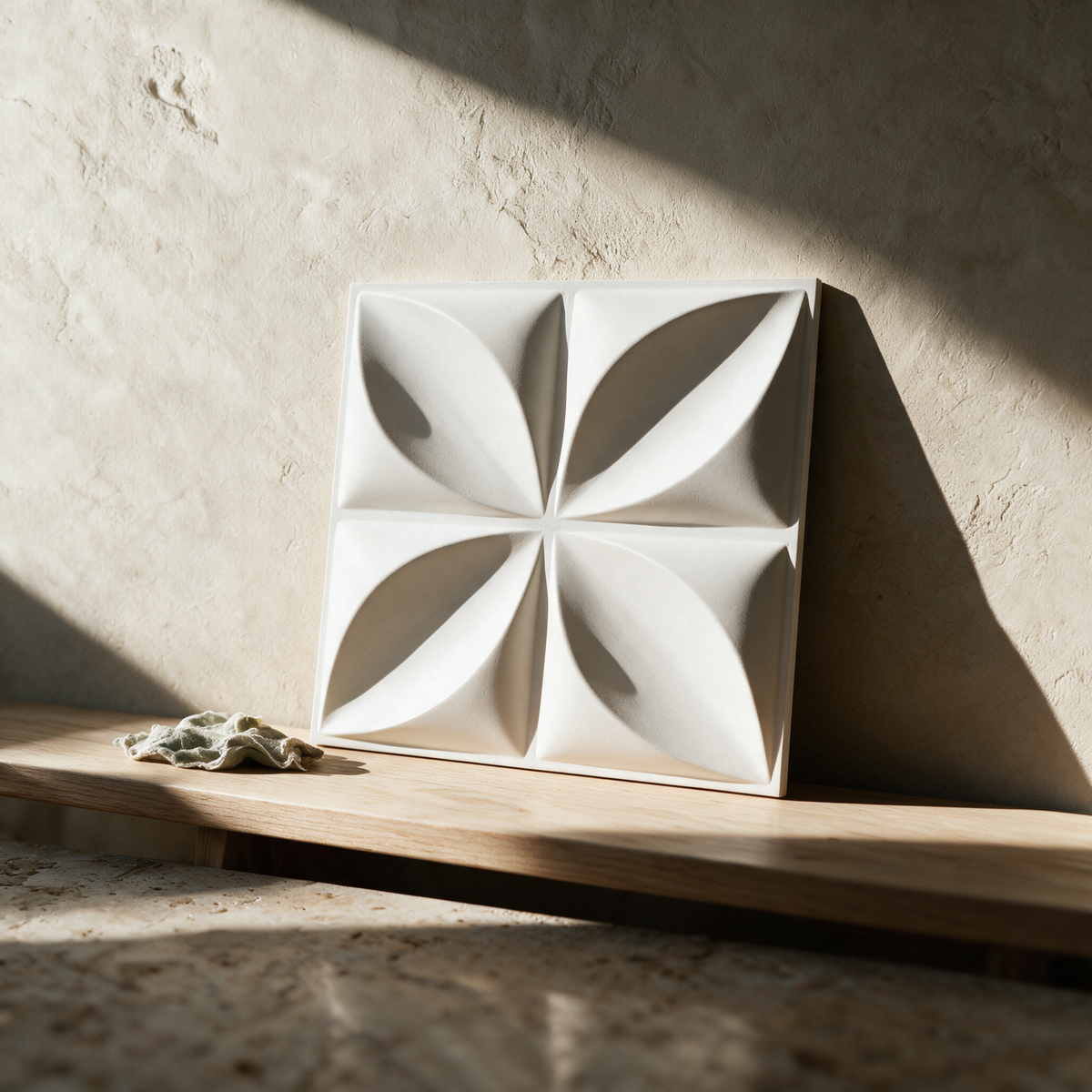 A single square white panel with a raised radial petal relief resting upright on an oak bench against a plaster wall.