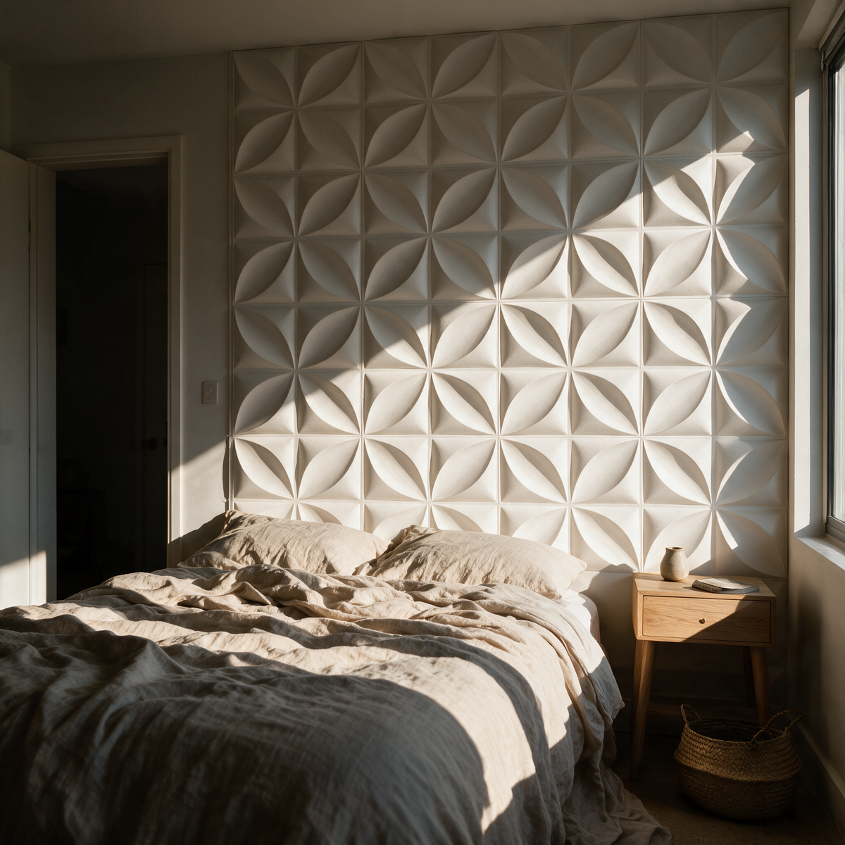 White radial petal relief wall panels tiled across a bedroom wall behind a linen bed in late afternoon light.