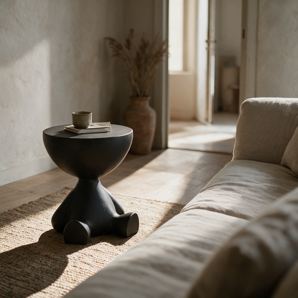 Dark matte pedestal side table beside a linen sofa in a plaster-walled living room