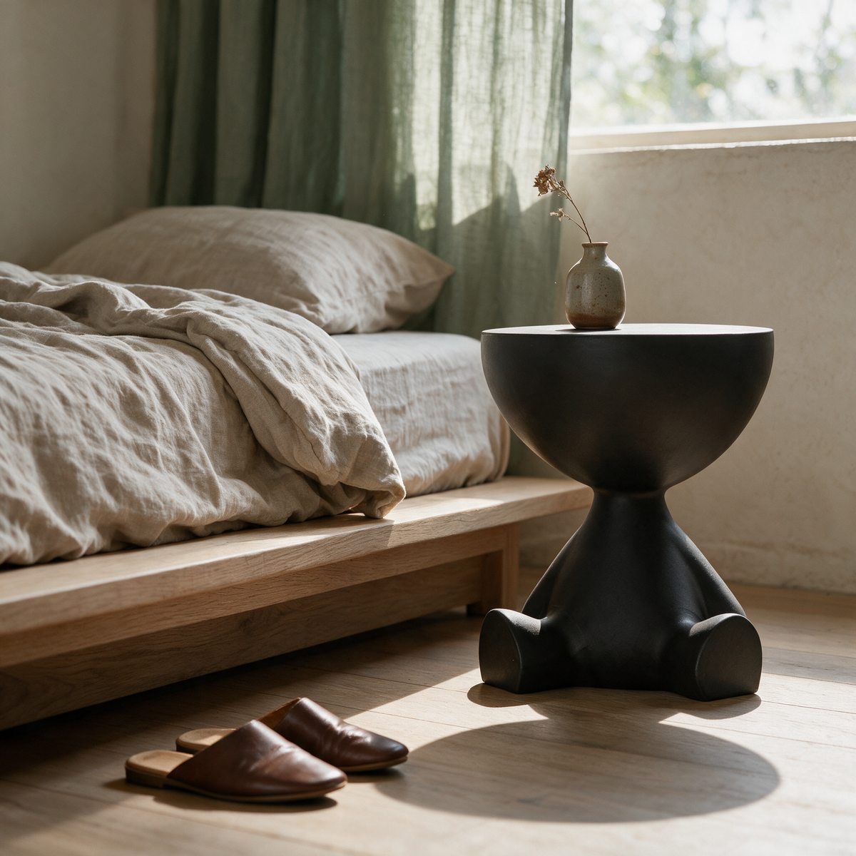 Low view of the pedestal table beside a bed showing its wide splayed base