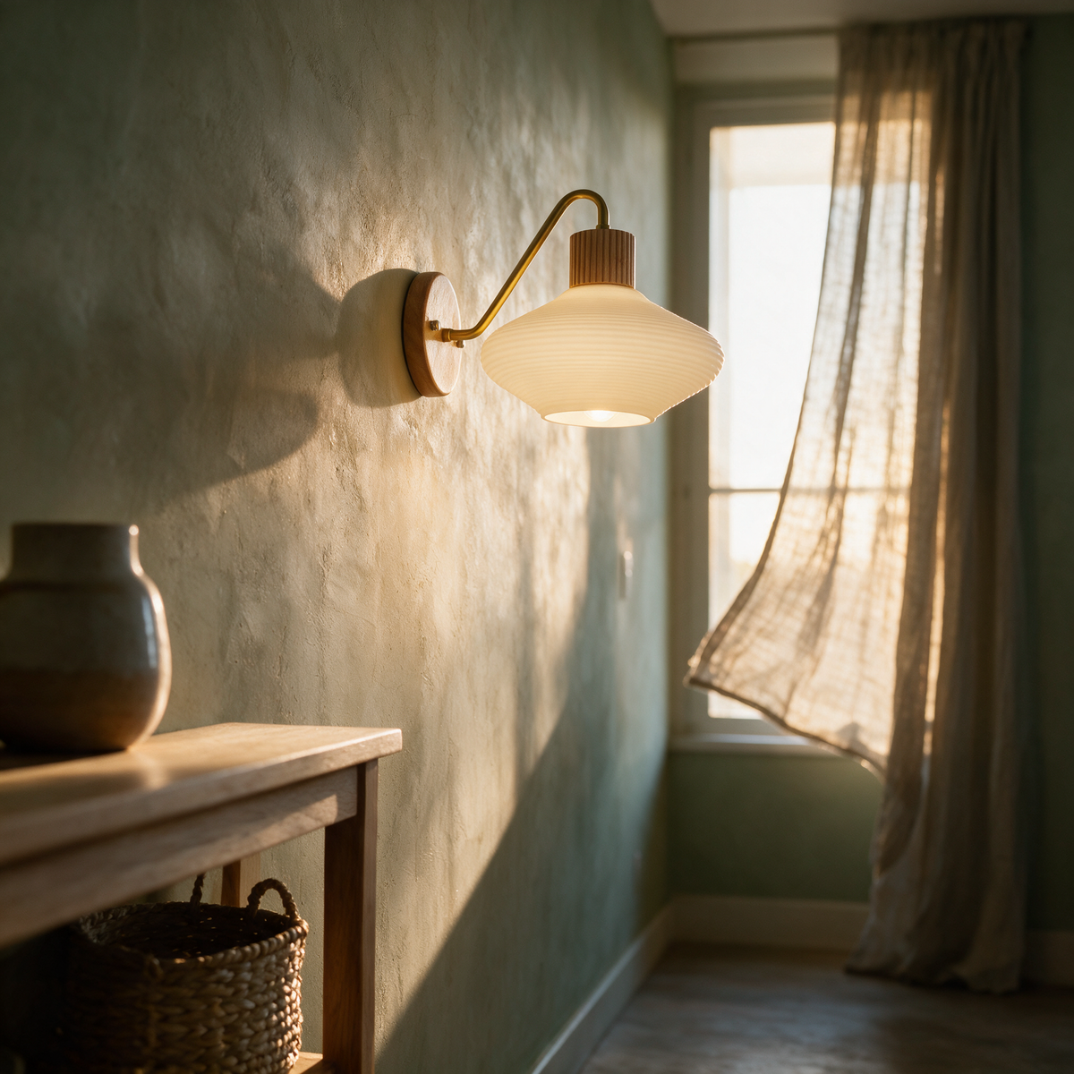 Side profile of the lit gooseneck wall light along a hallway wall at golden hour.