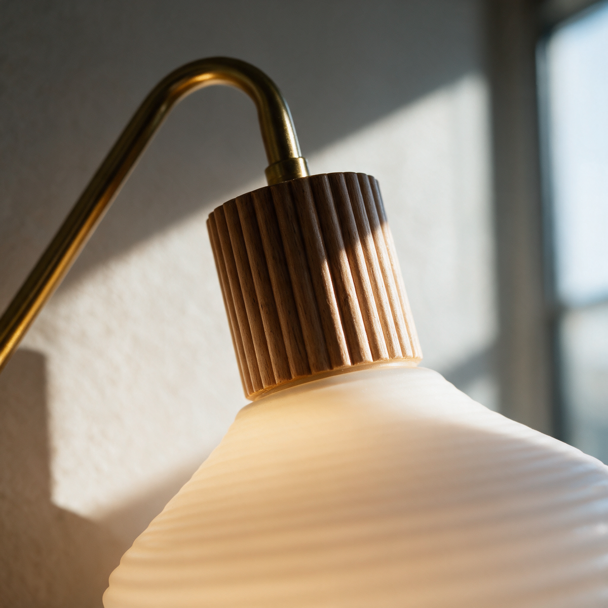 Close-up of the fluted timber and brass collar joining the arm to the opal glass shade.