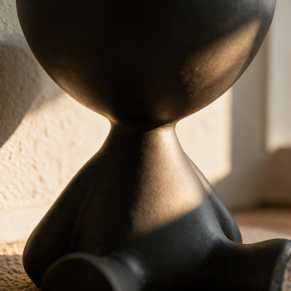 Close-up of the narrow waist of the matte pedestal table