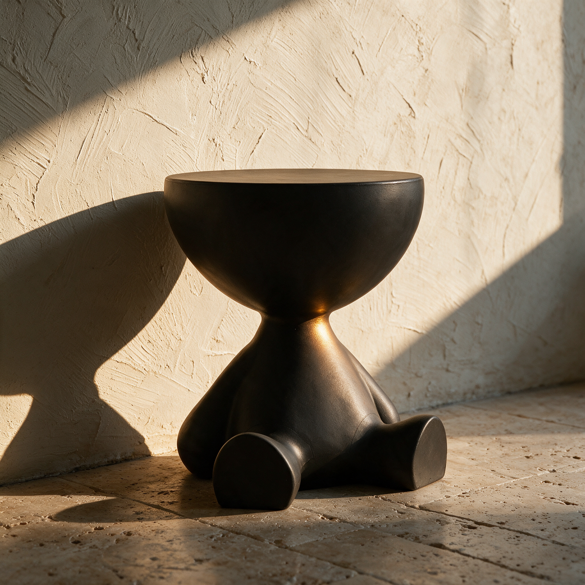 The empty pedestal table on a stone floor casting a long curved shadow on a plaster wall