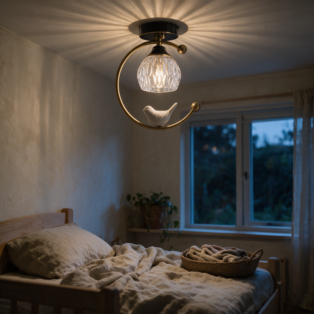 Semi-flush brass ring ceiling light with a fluted glass shade and small ceramic bird glowing in a child's bedroom at dusk.