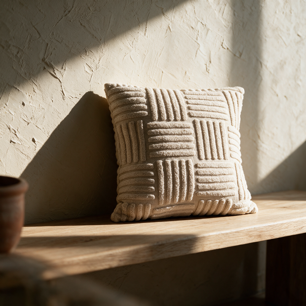 The ribbed tufted cushion standing alone on an oak bench against a plaster wall in raking sunlight.