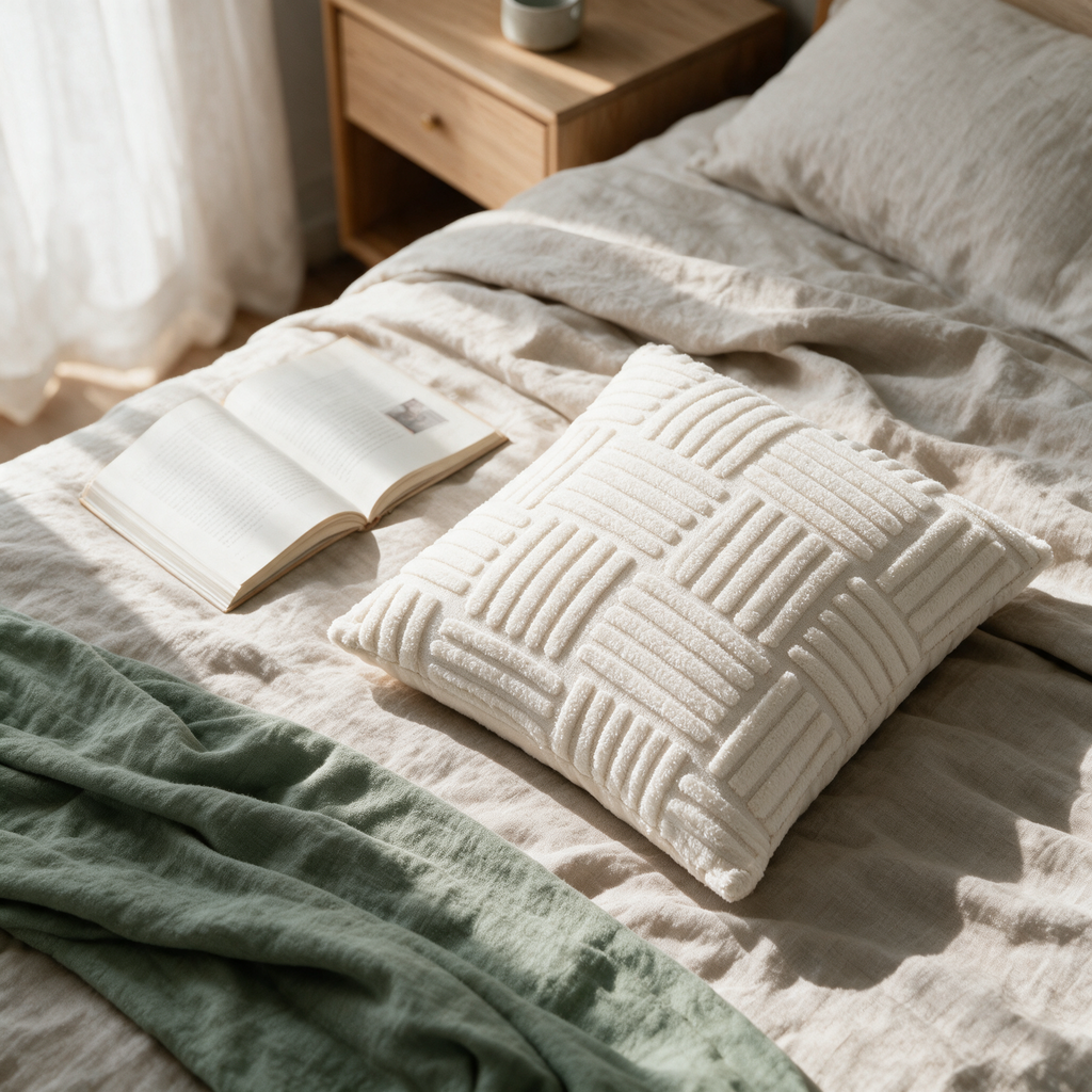 Overhead view of the ribbed tufted cushion lying on a rumpled linen bed beside a folded throw.