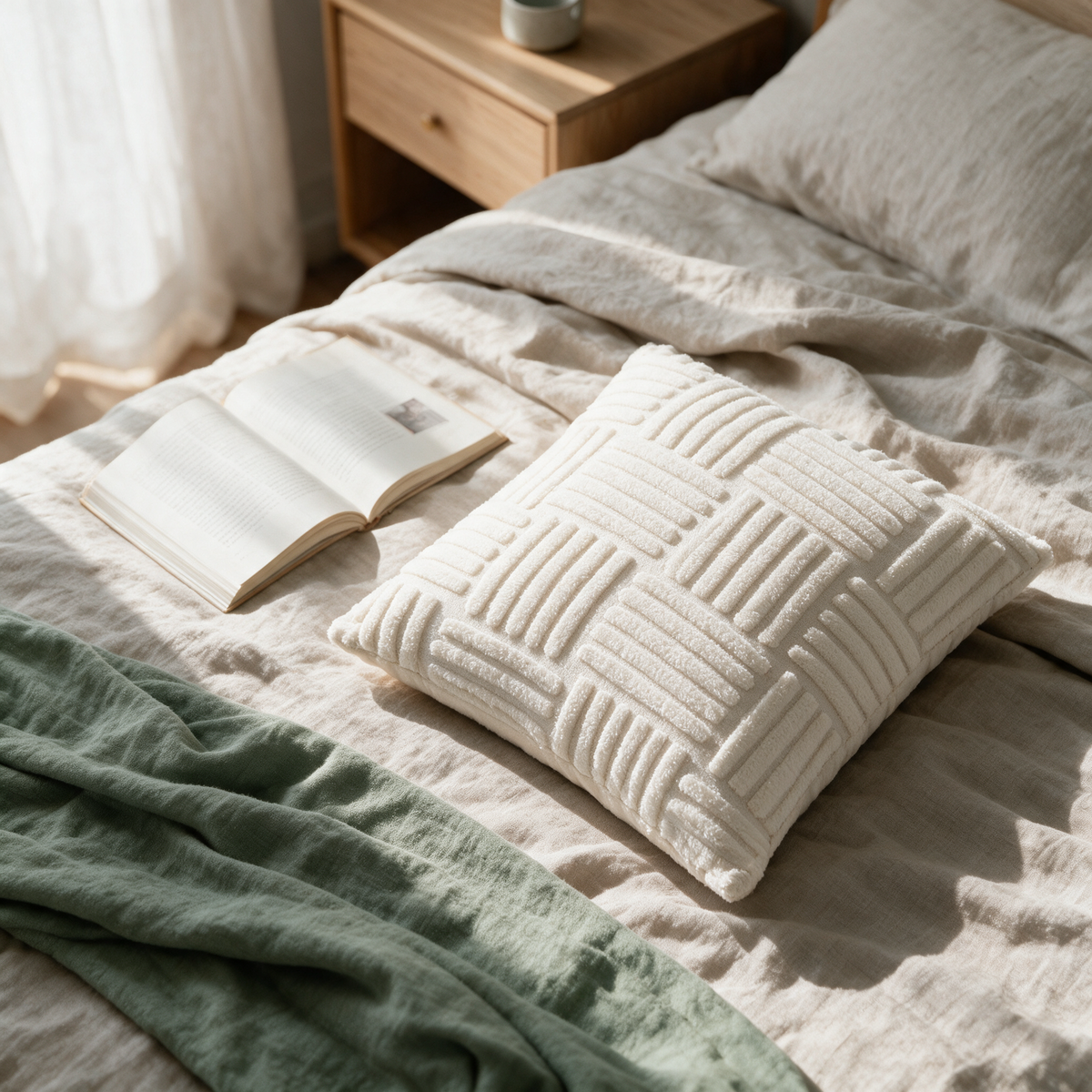 Overhead view of the ribbed tufted cushion lying on a rumpled linen bed beside a folded throw.