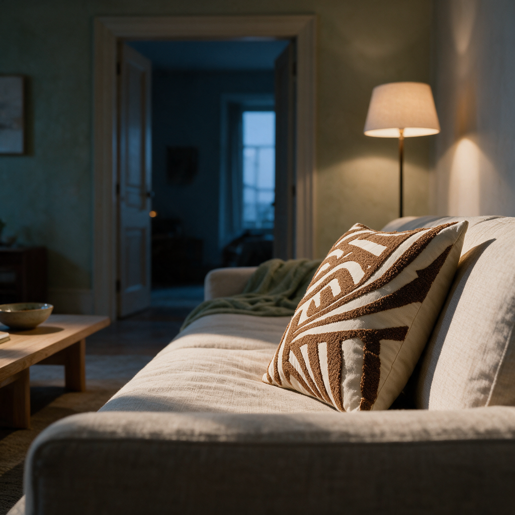 Side profile of the tufted cushion at the end of a linen sofa at dusk showing the pile thickness.
