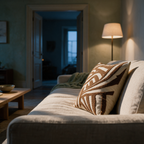Side profile of the tufted cushion at the end of a linen sofa at dusk showing the pile thickness.