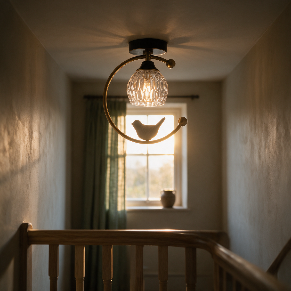 Side profile of the ceiling light backlit by a hallway window at golden hour with a timber stair rail in the foreground.