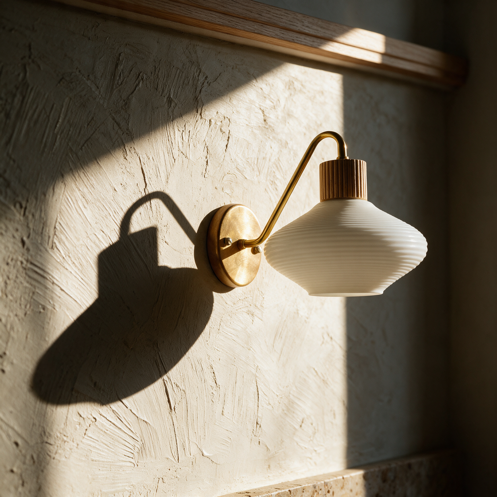 Unlit brass wall sconce with a white opal shade casting a long curved shadow on a sunlit plaster wall.