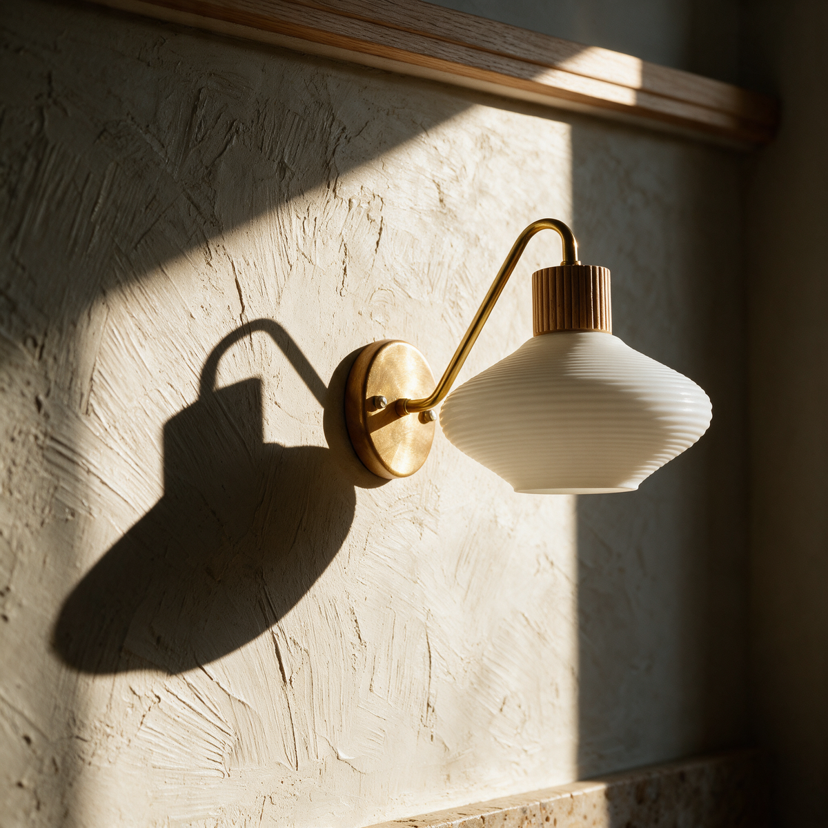 Unlit brass wall sconce with a white opal shade casting a long curved shadow on a sunlit plaster wall.