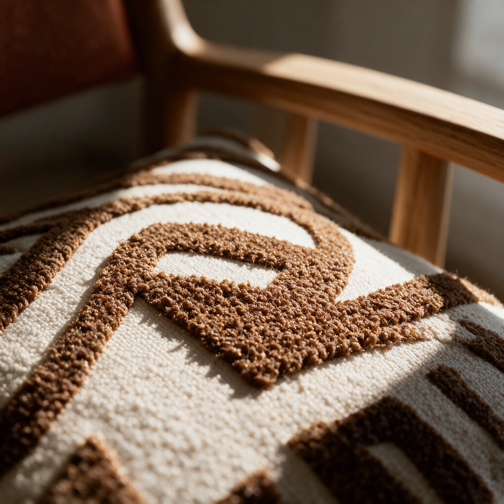 Macro detail of a raised brown tufted shape meeting the cream pile of the cover.