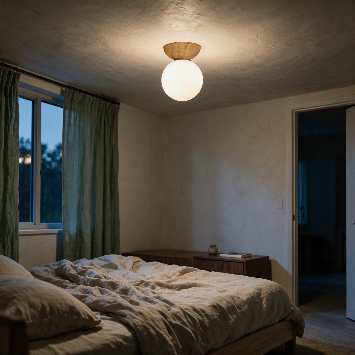 Opal glass globe ceiling light with a pale oak canopy glowing above a low timber bed at dusk.