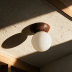 Unlit opal globe in a dark walnut canopy mounted flush to a textured plaster ceiling in raking afternoon sunlight.