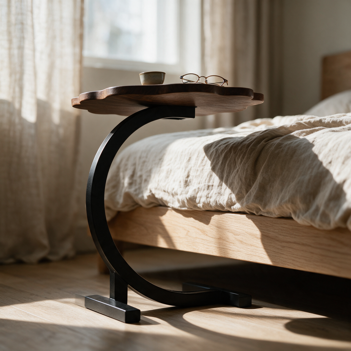 Side profile of the C-table with its foot slid under a bed and the top over the mattress edge
