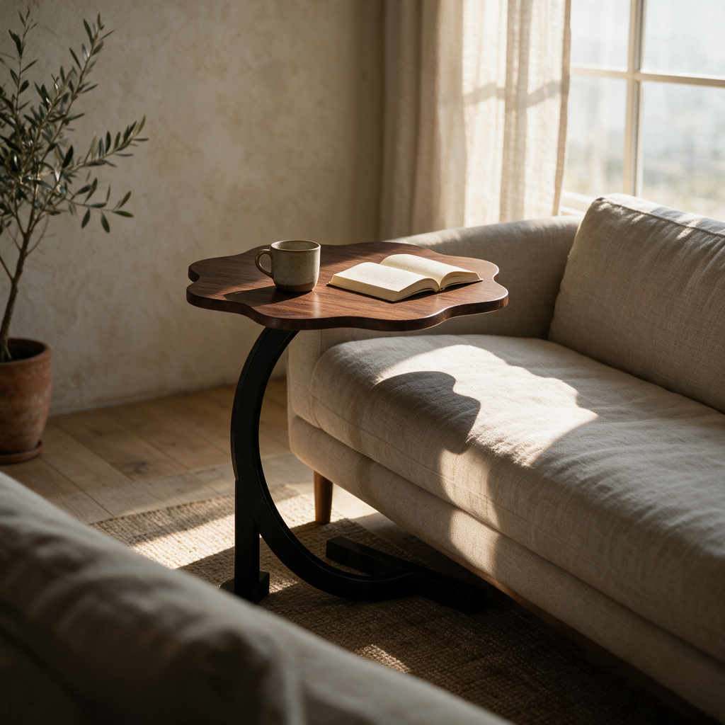 Scalloped dark wood C-table pulled over a linen sofa cushion with a mug and open book on top