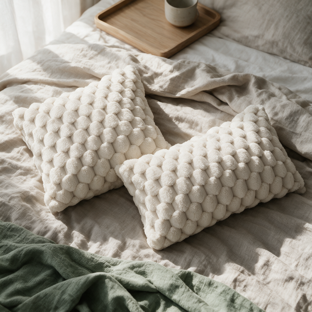 Overhead view of a square and a lumbar bobble cushion lying together on a linen bed.