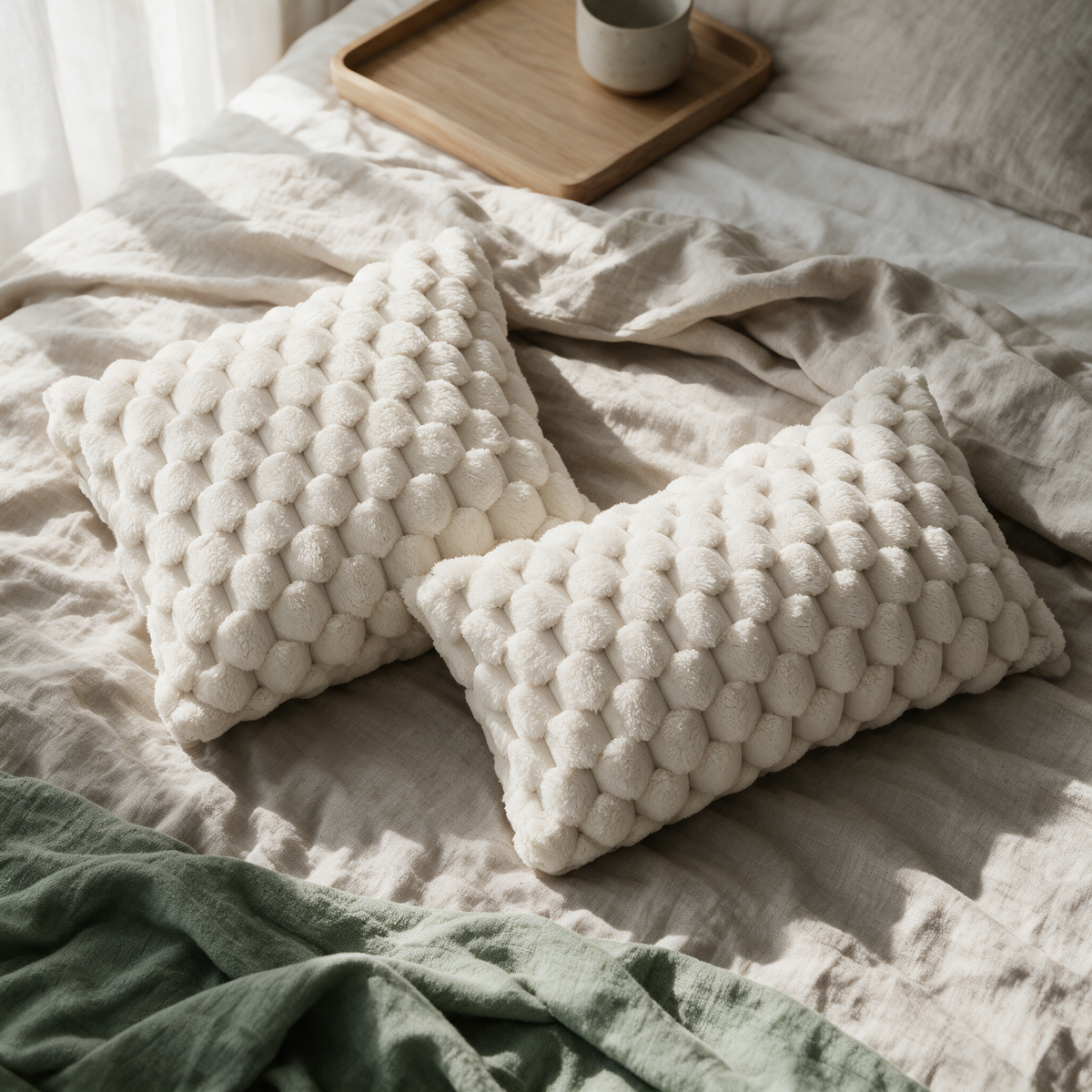 Overhead view of a square and a lumbar bobble cushion lying together on a linen bed.