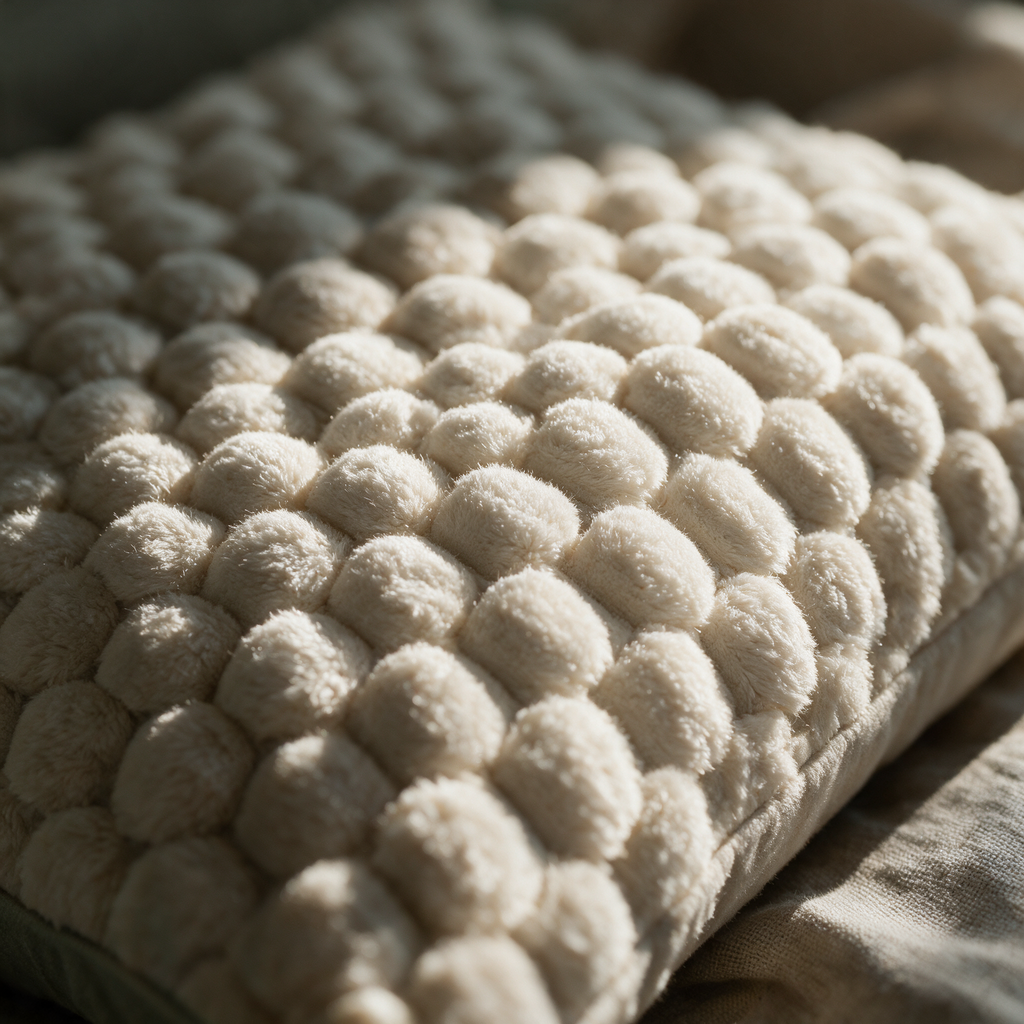 Macro detail of the regular rows of small raised plush bobbles on the cover.