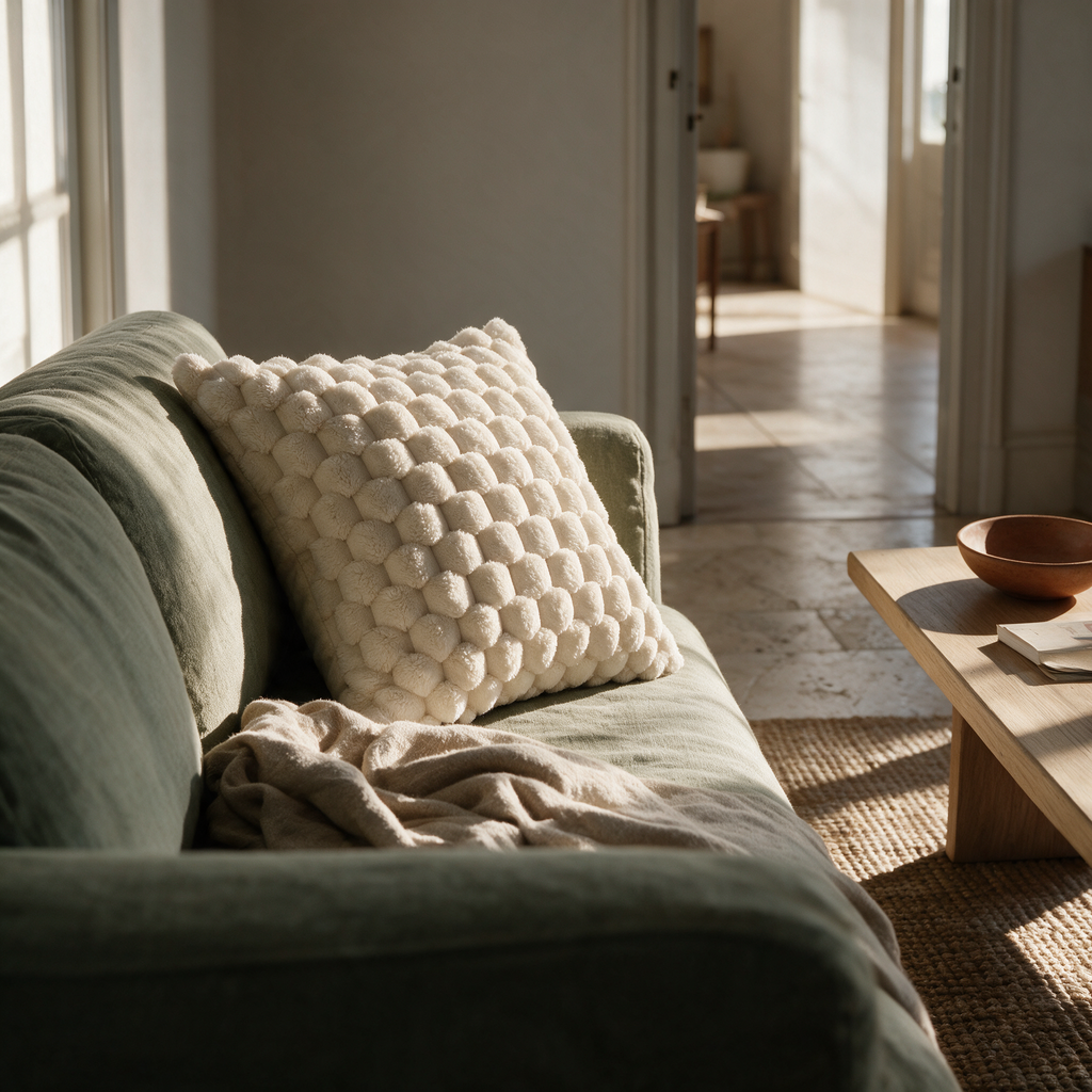 Cream bobble-textured plush cushion at the corner of a sage linen sofa in afternoon light.