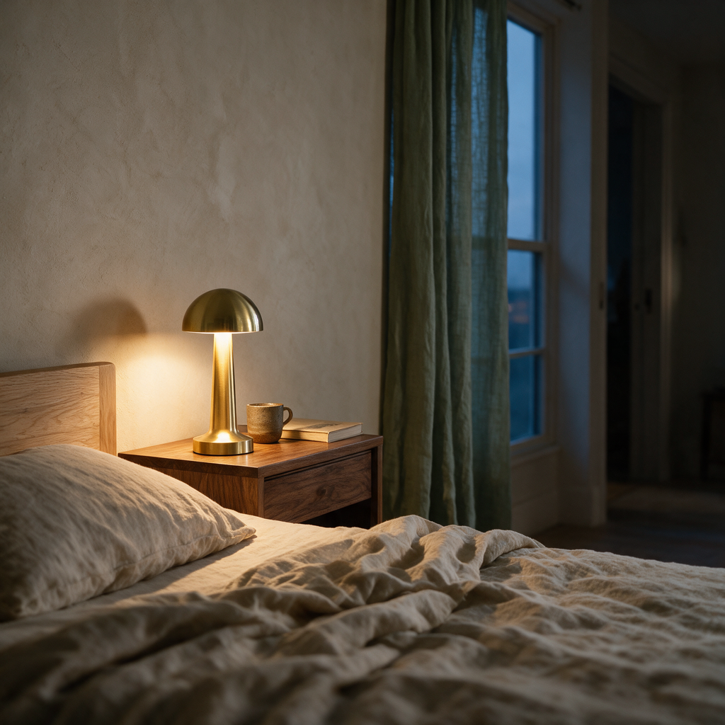 Small cordless gold mushroom lamp lit on a walnut bedside table at dusk.