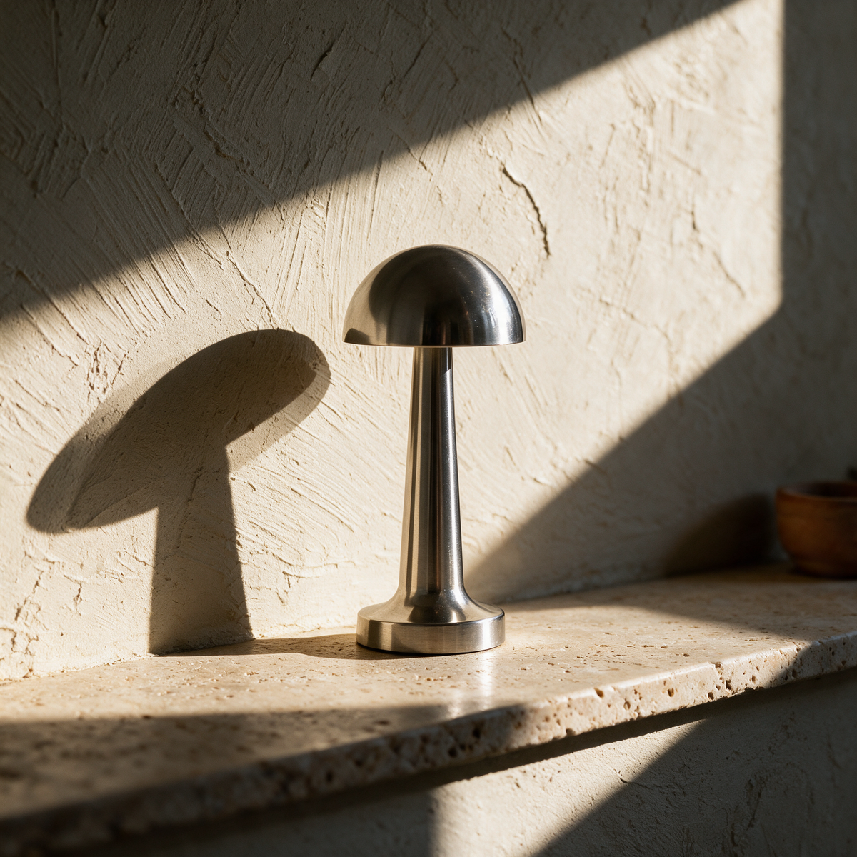 Unlit silver mushroom lamp on a travertine ledge casting a long shadow on a plaster wall.