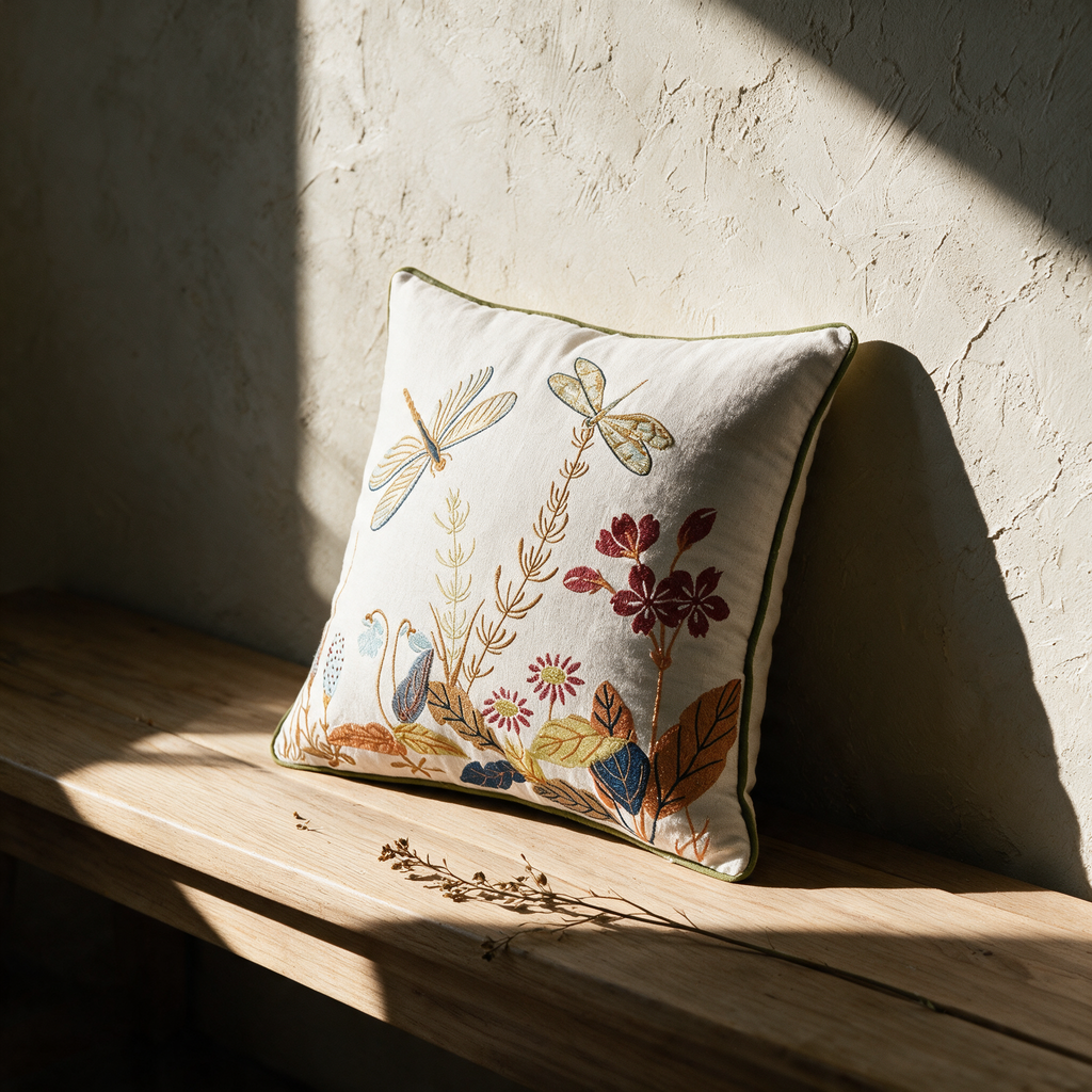 The embroidered cushion with its green piped edge standing alone on an oak bench against a plaster wall.