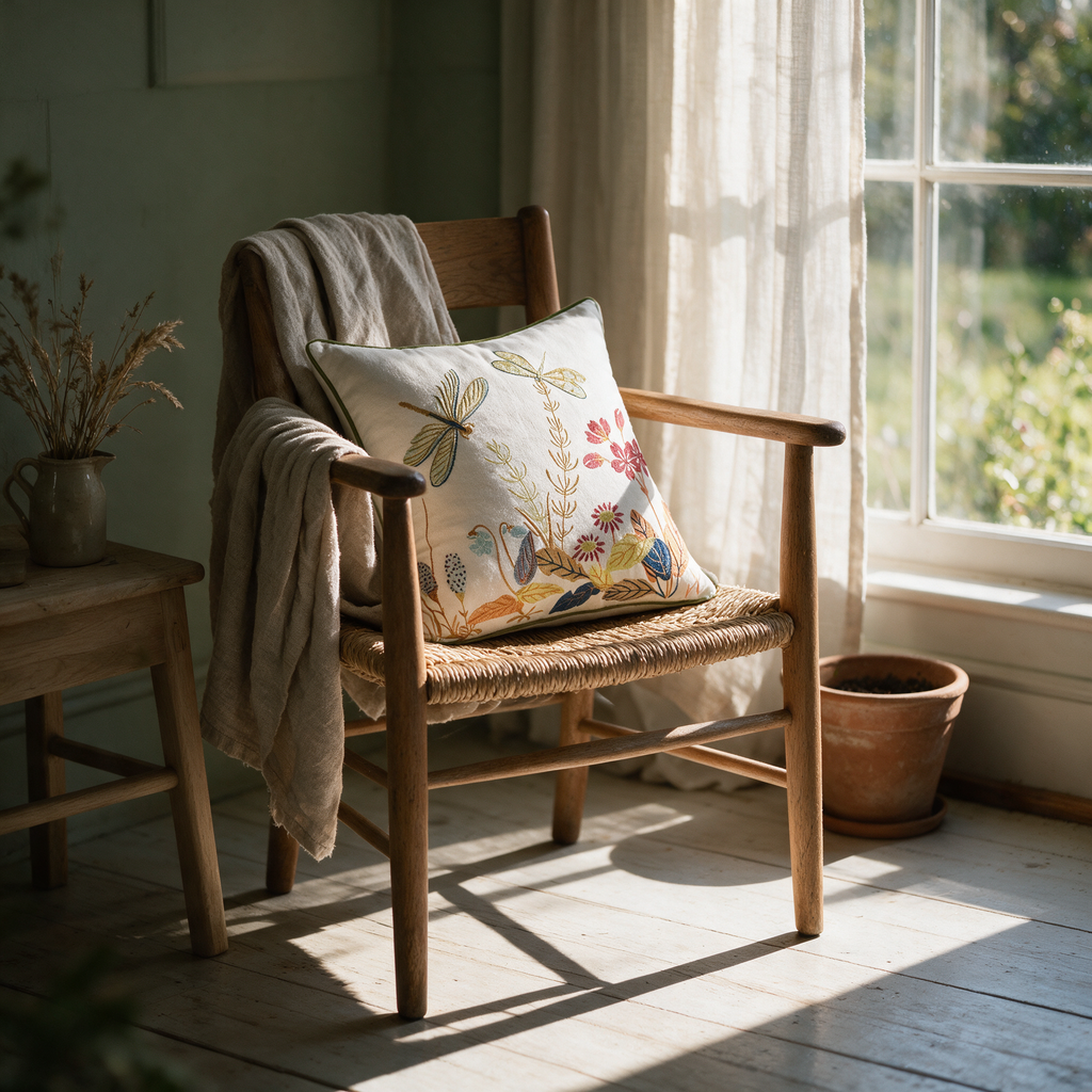 Cream embroidered wildflower and dragonfly cushion on a rush-seated oak chair by a garden window.