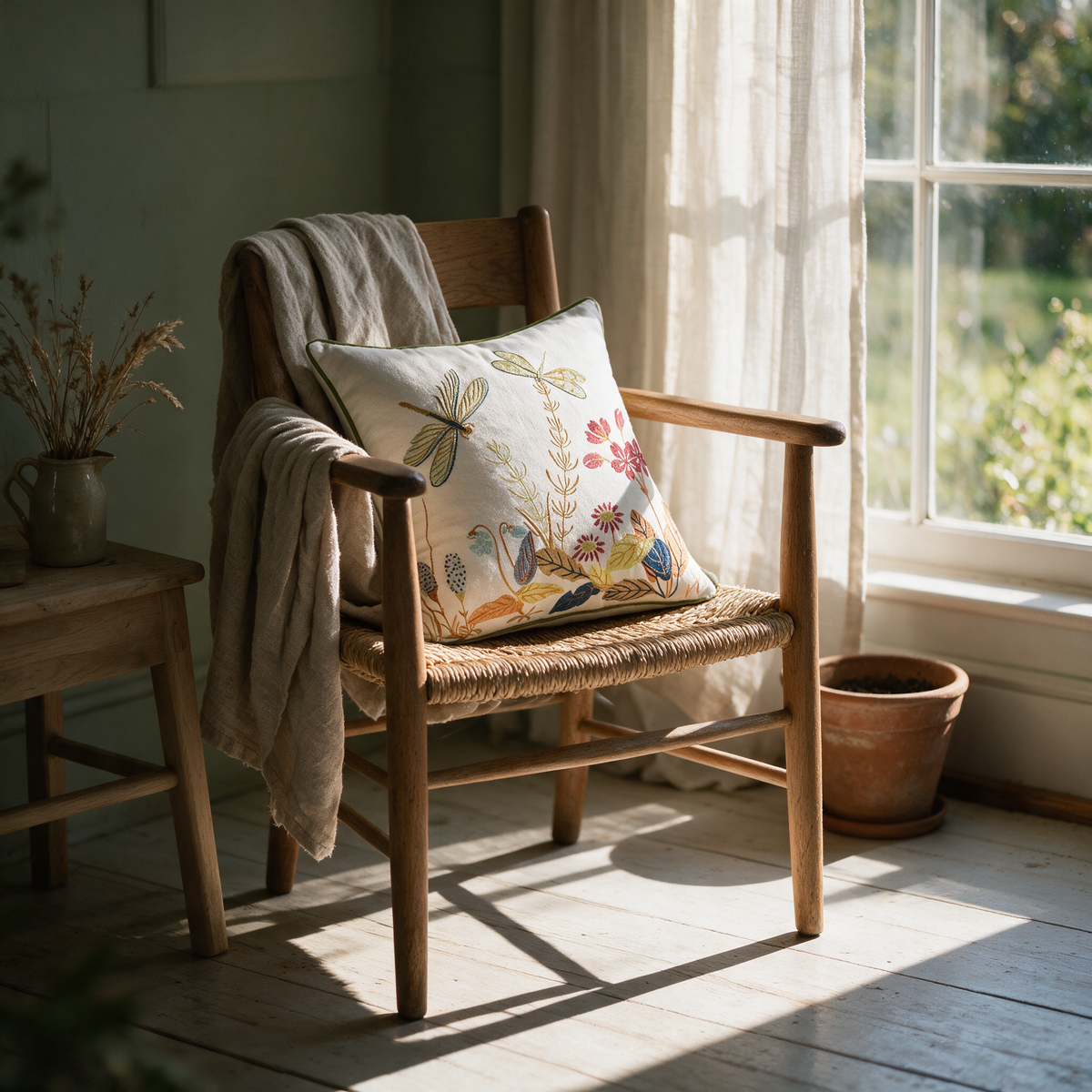 Cream embroidered wildflower and dragonfly cushion on a rush-seated oak chair by a garden window.